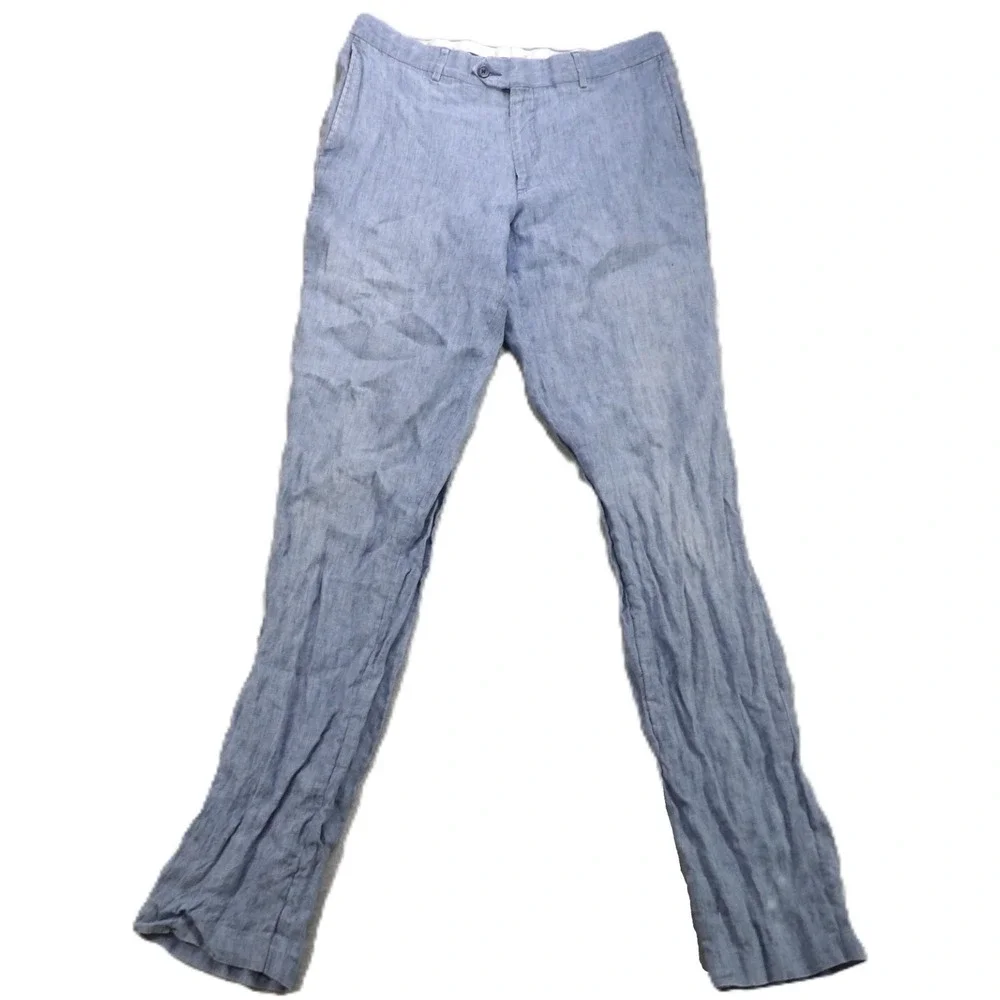 Nordstrom 100% Linen Flat Front Pants Men W35 Blue Chambray Casual Summer 2018